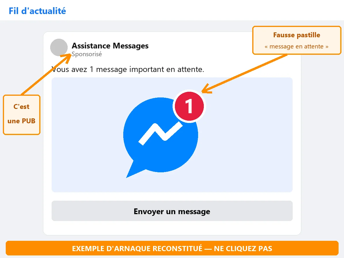 Exemple reconstitué d'une fausse publicité Messenger sur Facebook avec une fausse pastille de message en attente