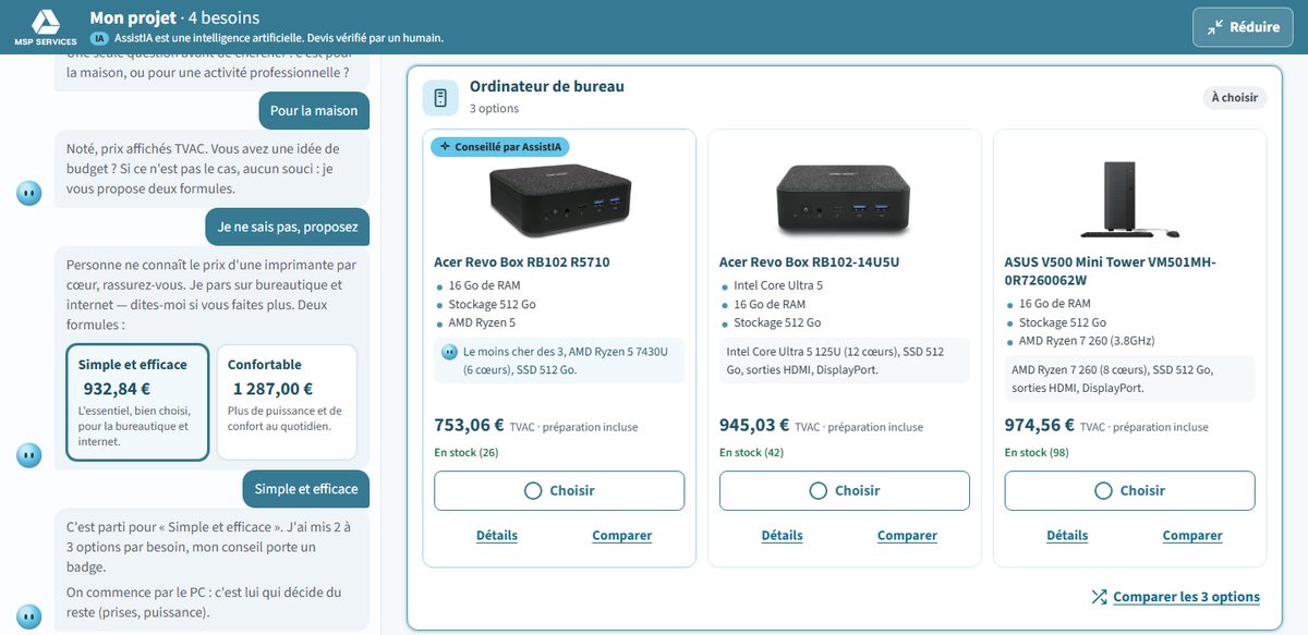 AssistIA, le conseiller IA de la boutique MSP Services : projet d'équipement avec propositions comparées